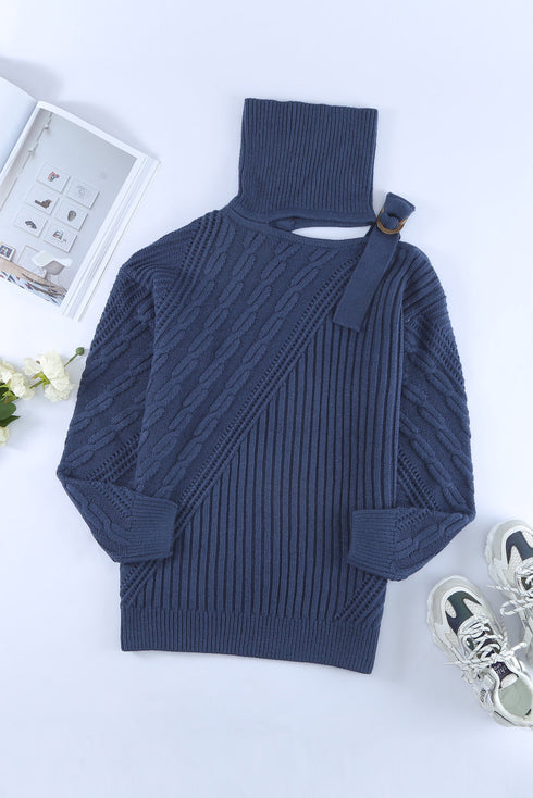 Strapped Cut Out Shoulder Turtleneck Sweater